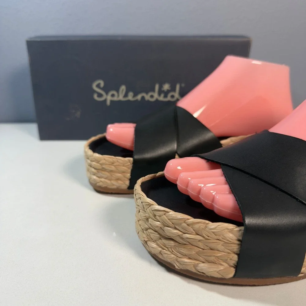 Splendid Becki Sandals Women 6.5 Black New Leather Espadrille Platform Slides